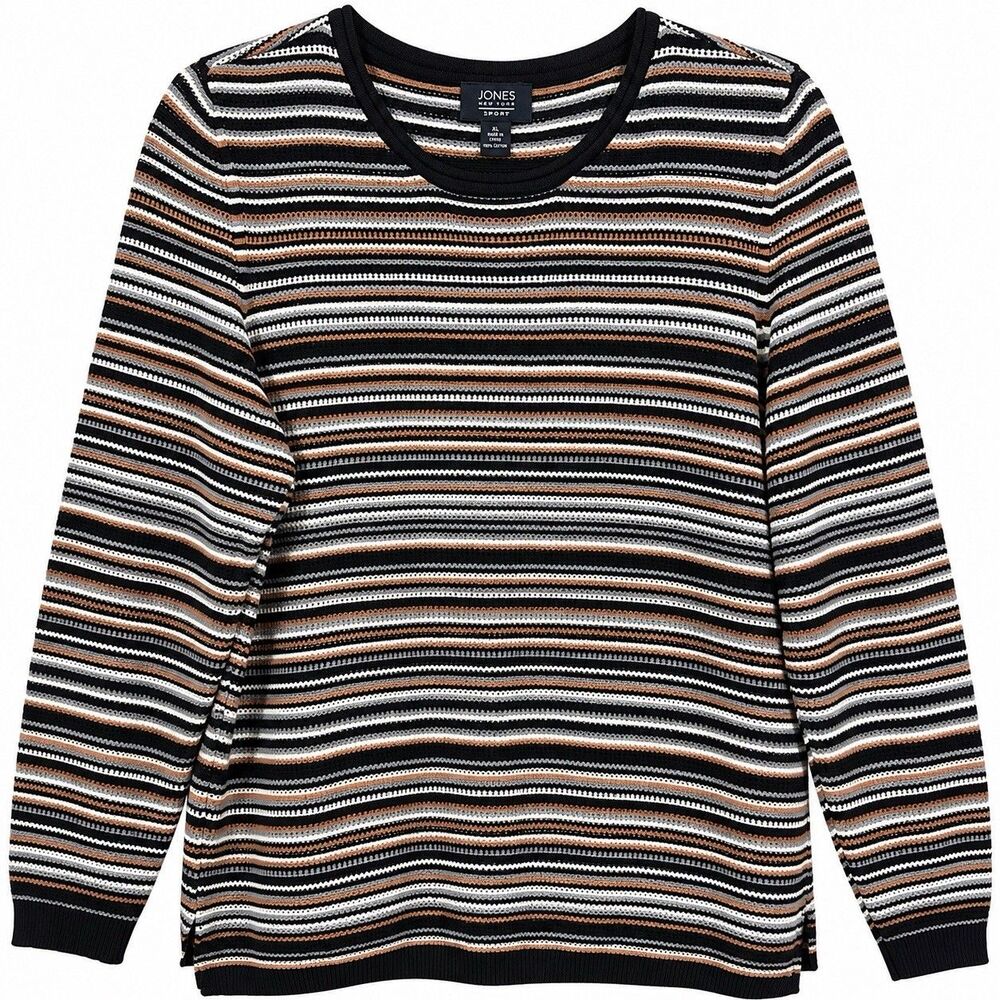 Jones New York Sport Sweater Large Black Tan Striped Knit Crewneck Pullover